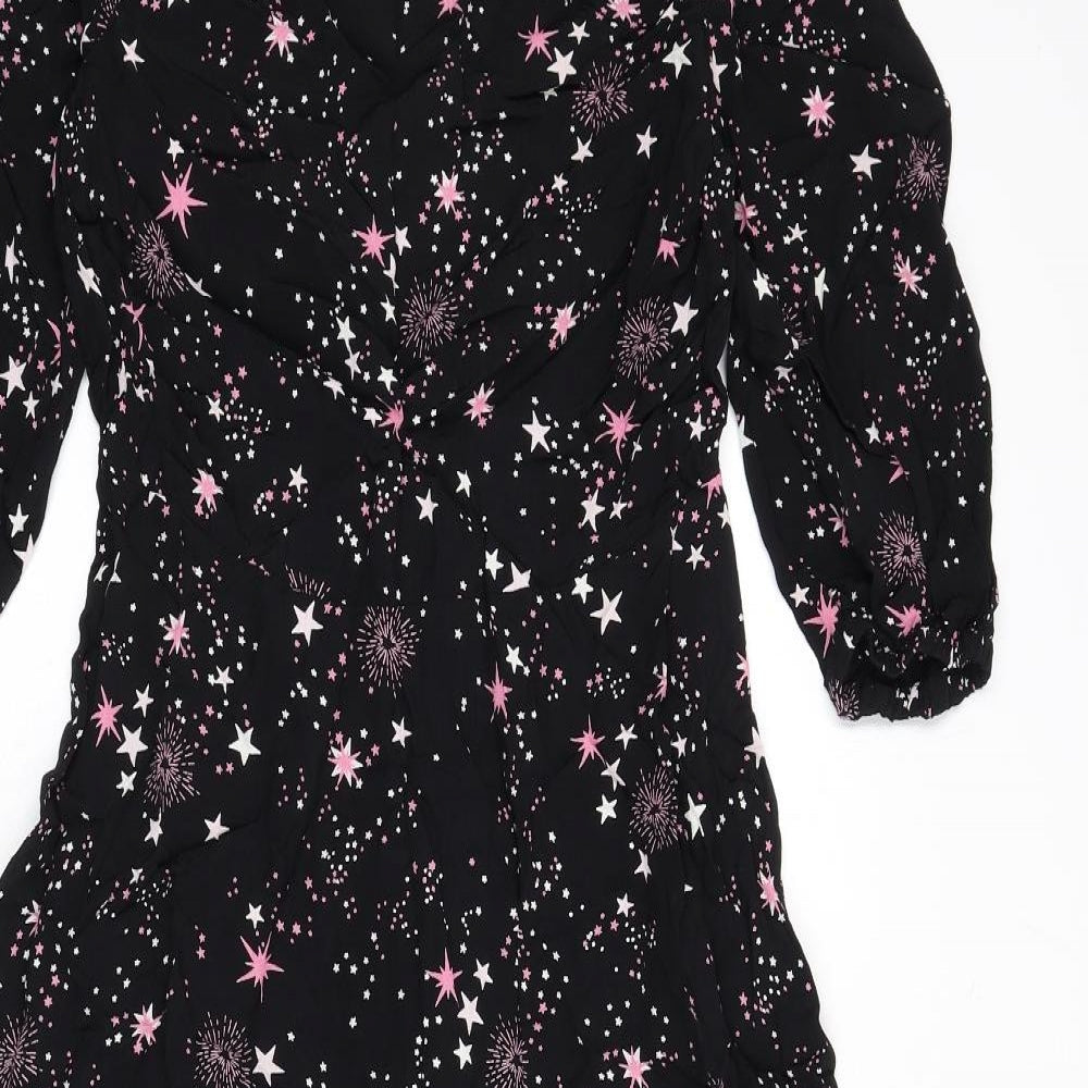 Marks and Spencer Womens Black Geometric Viscose A-Line Size 10 Round Neck Zip - Star Print