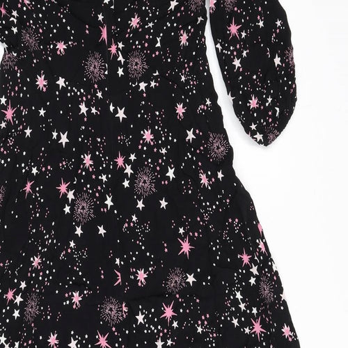 Marks and Spencer Womens Black Geometric Viscose A-Line Size 10 Round Neck Zip - Star Print