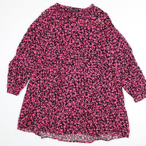 Marks and Spencer Womens Pink Floral Viscose A-Line Size 24 V-Neck Button - Ruffle Detail