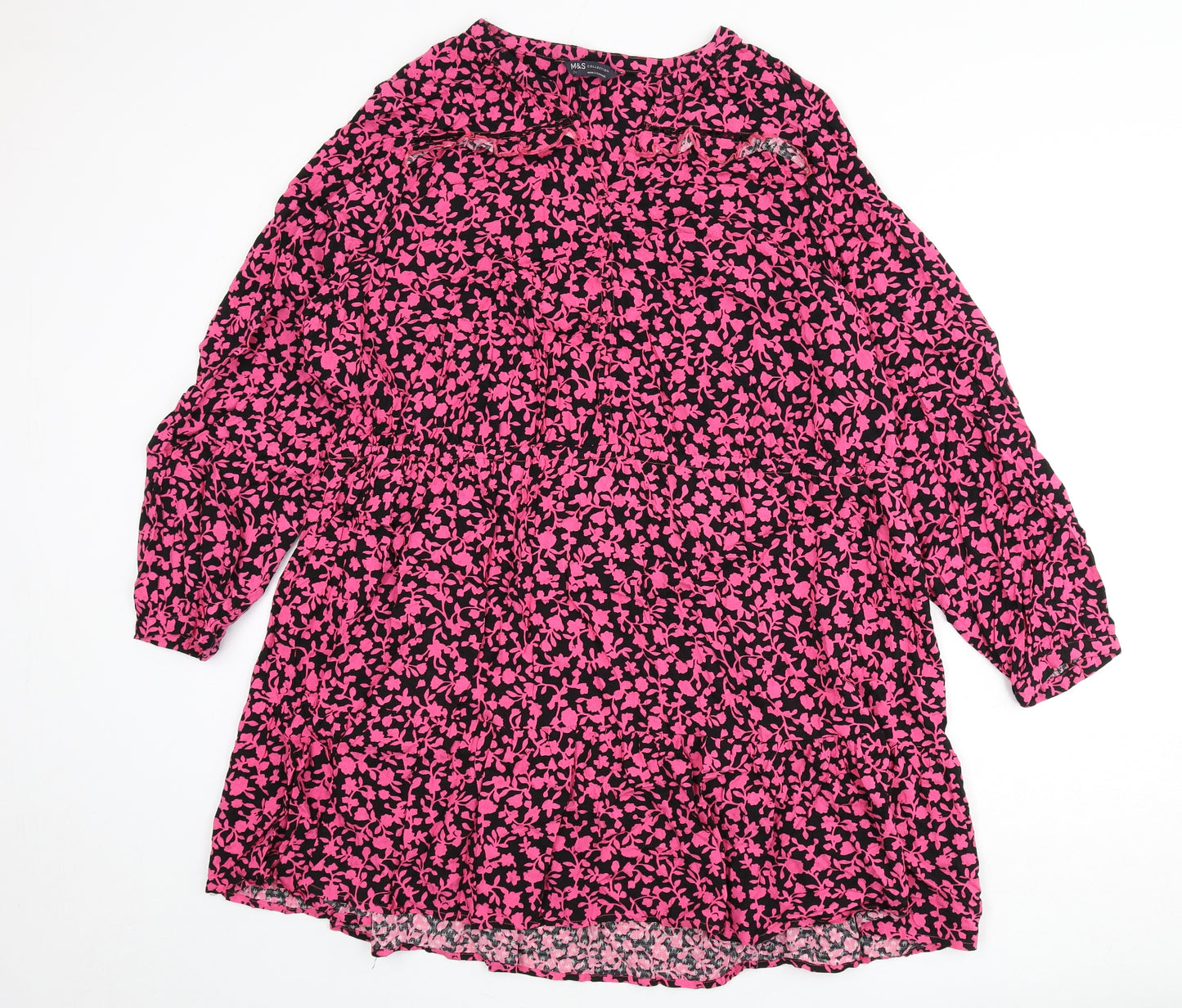 Marks and Spencer Womens Pink Floral Viscose A-Line Size 24 V-Neck Button - Ruffle Detail