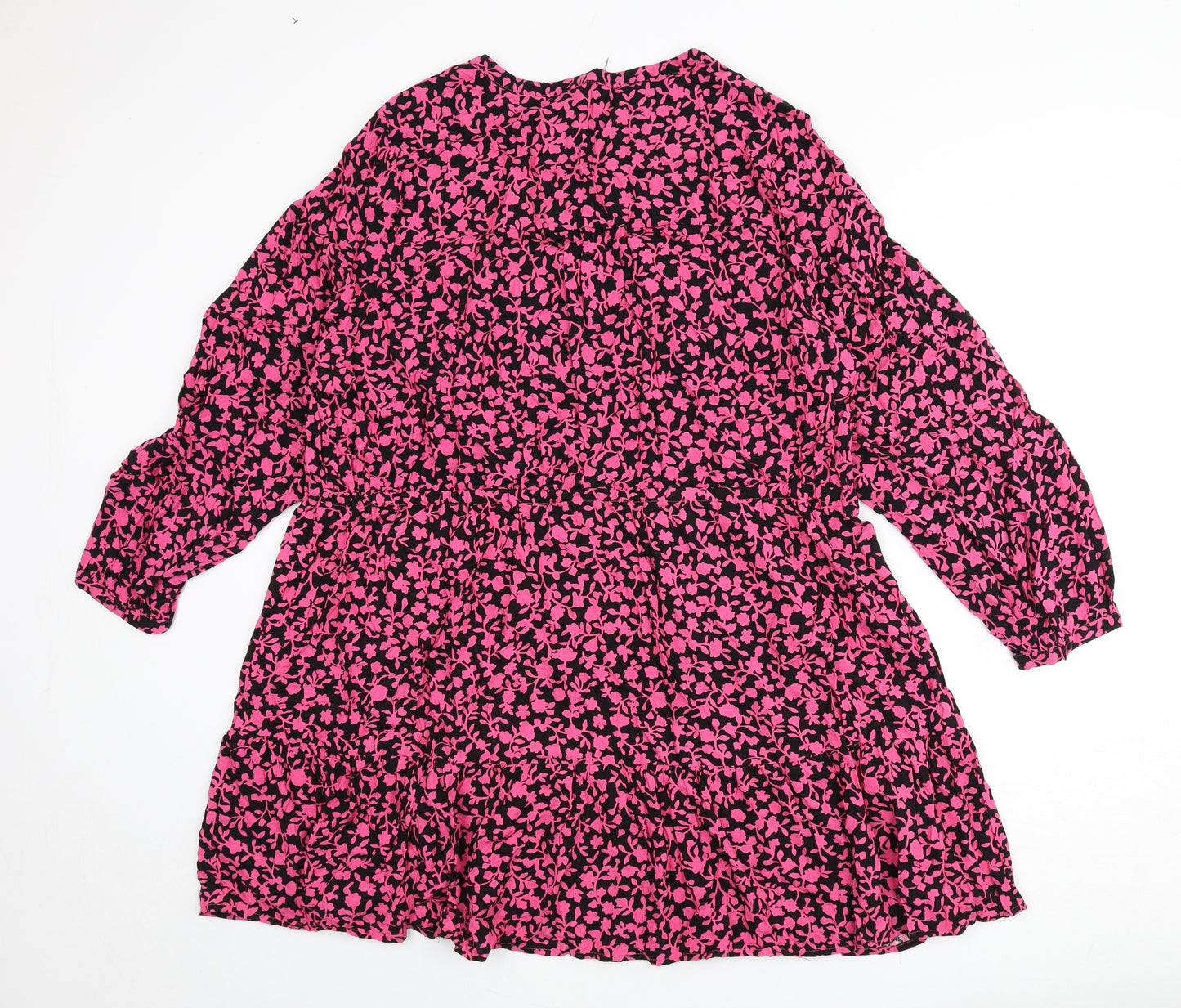 Marks and Spencer Womens Pink Floral Viscose A-Line Size 24 V-Neck Button - Ruffle Detail