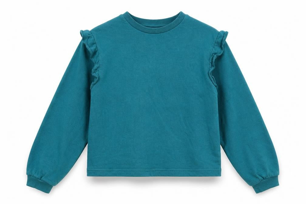 Front view of H&M girls’ blue cotton pullover sweatshirt, size 10-11, years pullover -, size 10-12, ruffles