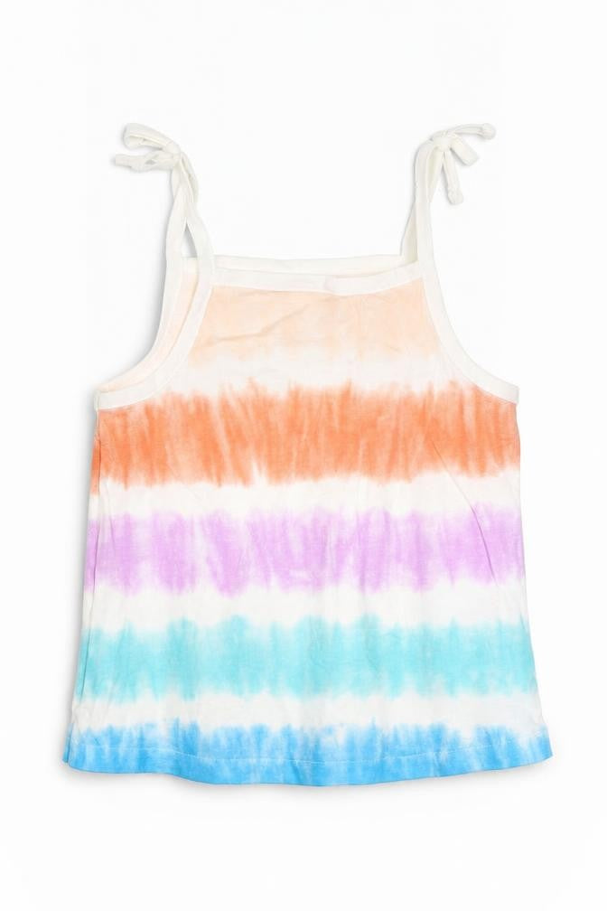 Front view of Marks & Spencer girls’ multicoloured striped cotton basic tank, size 3-4, years square neck pullover - tie dye