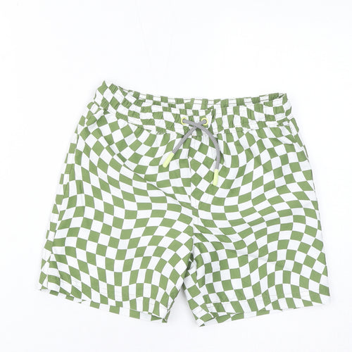 Marks and Spencer Boys Green Geometric Polyester Sweat Shorts Size 7-8 Years Regular Drawstring - Swim Shorts, Waist 24in, Inside Leg 4in