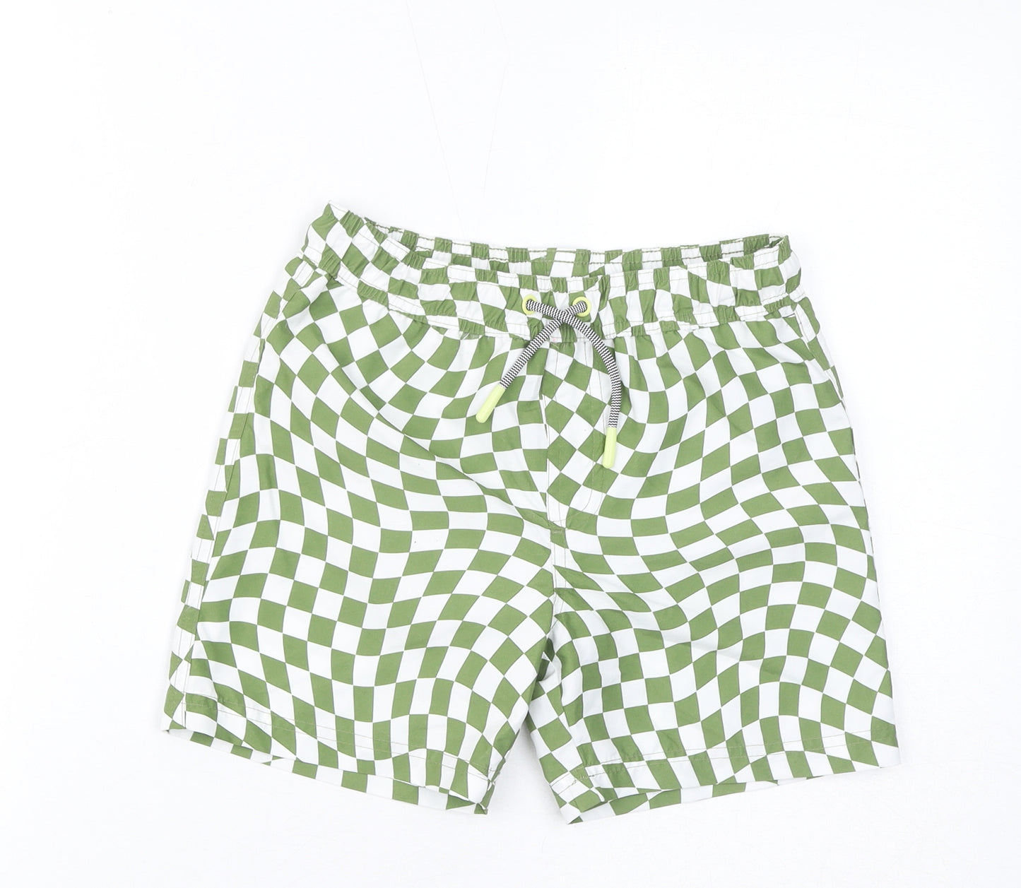 Marks and Spencer Boys Green Geometric Polyester Sweat Shorts Size 7-8 Years Regular Drawstring - Swim Shorts, Waist 24in, Inside Leg 4in