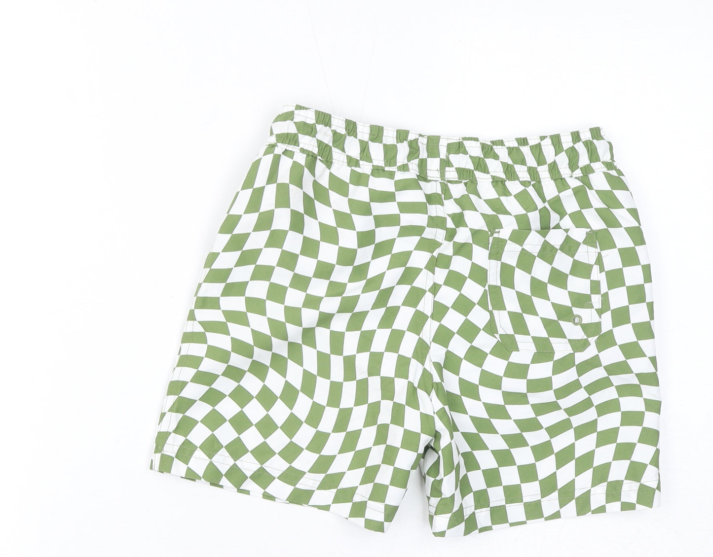 Marks and Spencer Boys Green Geometric Polyester Sweat Shorts Size 7-8 Years Regular Drawstring - Swim Shorts, Waist 24in, Inside Leg 4in