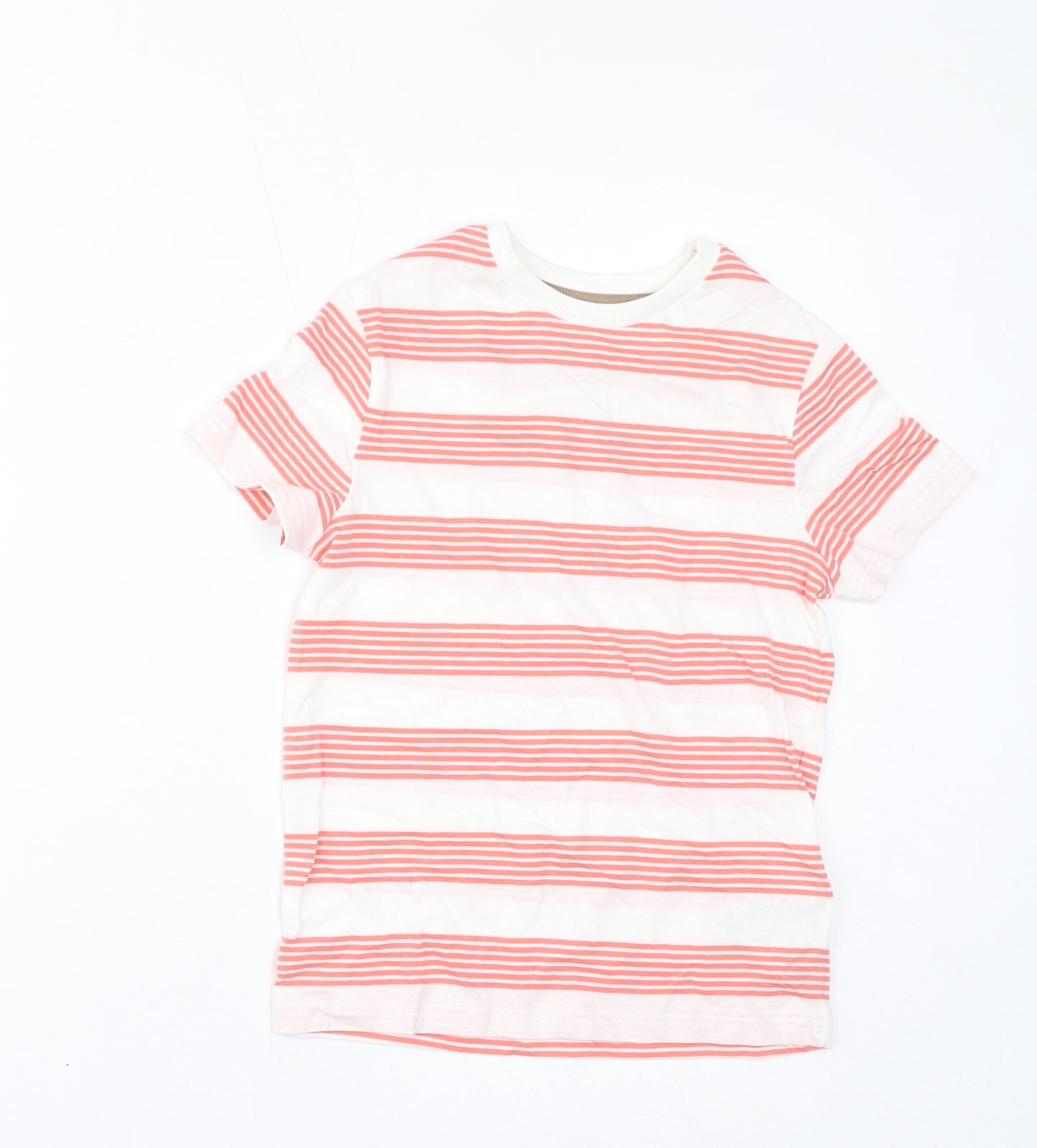 Marks and Spencer Boys Red Striped Cotton Basic T-Shirt Size 6-7 Years Round Neck Pullover