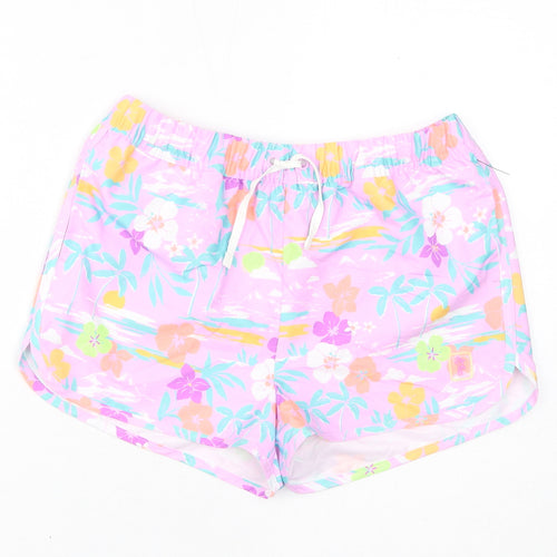 Marks and Spencer Girls Purple Floral Polyester Sweat Shorts Size 12-13 Years L3 in Regular Drawstring - Palm Trees, Inside Leg 2in