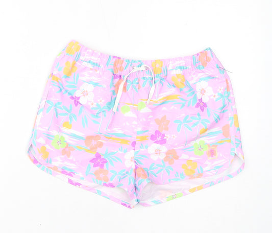 Marks and Spencer Girls Purple Floral Polyester Sweat Shorts Size 12-13 Years L3 in Regular Drawstring - Palm Trees, Inside Leg 2in