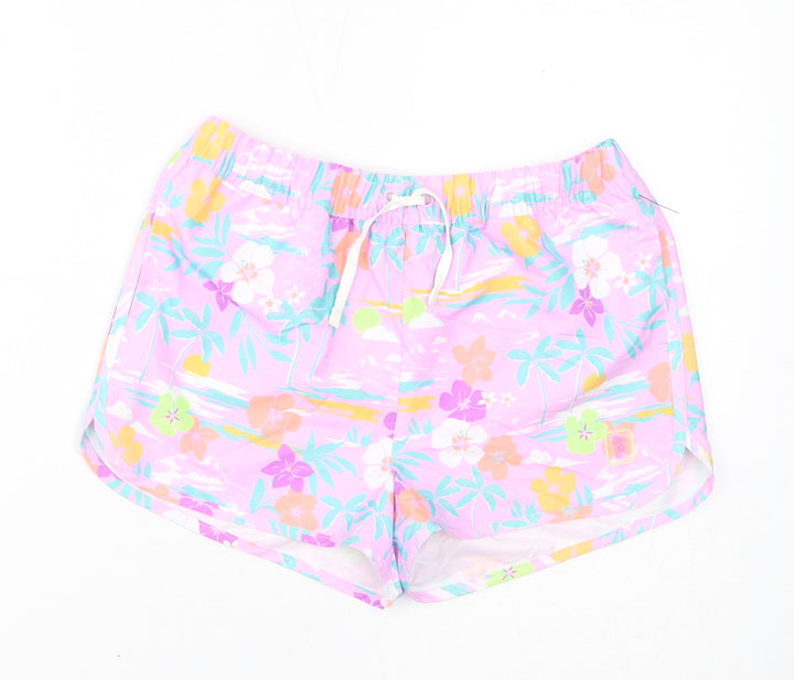 Marks and Spencer Girls Purple Floral Polyester Sweat Shorts Size 12-13 Years L3 in Regular Drawstring - Palm Trees, Inside Leg 2in