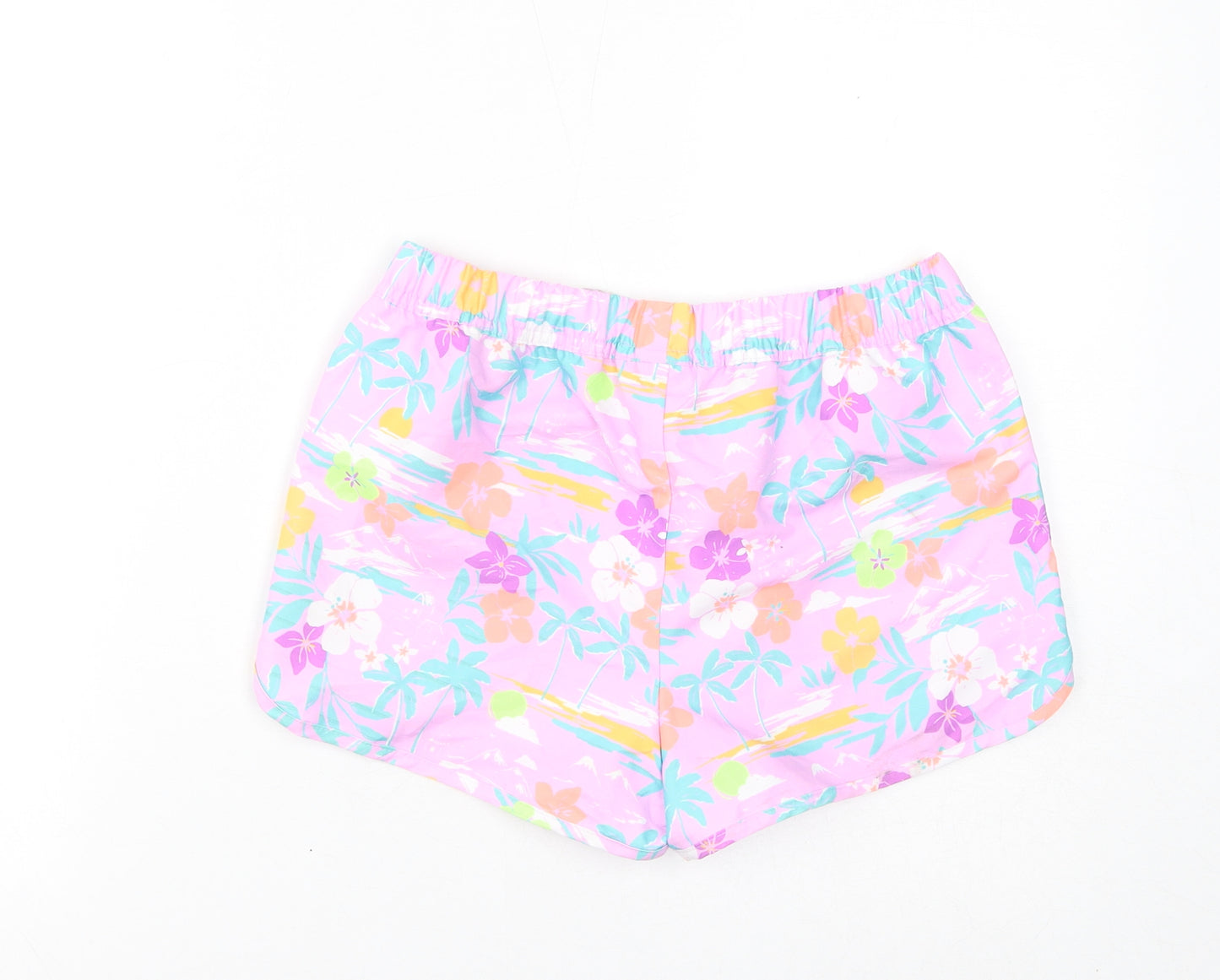 Marks and Spencer Girls Purple Floral Polyester Sweat Shorts Size 12-13 Years L3 in Regular Drawstring - Palm Trees, Inside Leg 2in