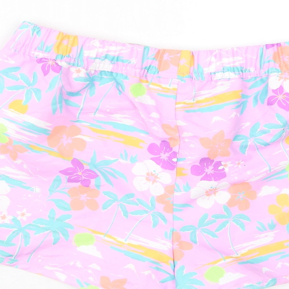 Marks and Spencer Girls Purple Floral Polyester Sweat Shorts Size 12-13 Years L3 in Regular Drawstring - Palm Trees, Inside Leg 2in