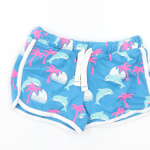 Marks and Spencer Girls Blue Geometric Cotton Sweat Shorts Size 6-7 Years L3 in Regular Drawstring - Dolphins, Palm Trees, Inside Leg 2in