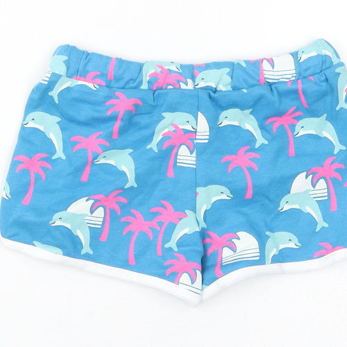 Marks and Spencer Girls Blue Geometric Cotton Sweat Shorts Size 6-7 Years L3 in Regular Drawstring - Dolphins, Palm Trees, Inside Leg 2in