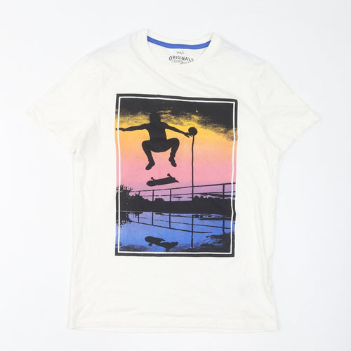 Marks and Spencer Boys White Cotton Basic T-Shirt Size 13-14 Years Crew Neck Pullover - Skateboarding, Sunset