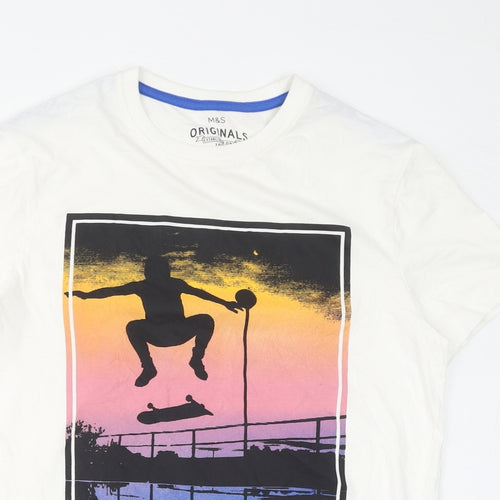 Marks and Spencer Boys White Cotton Basic T-Shirt Size 13-14 Years Crew Neck Pullover - Skateboarding, Sunset