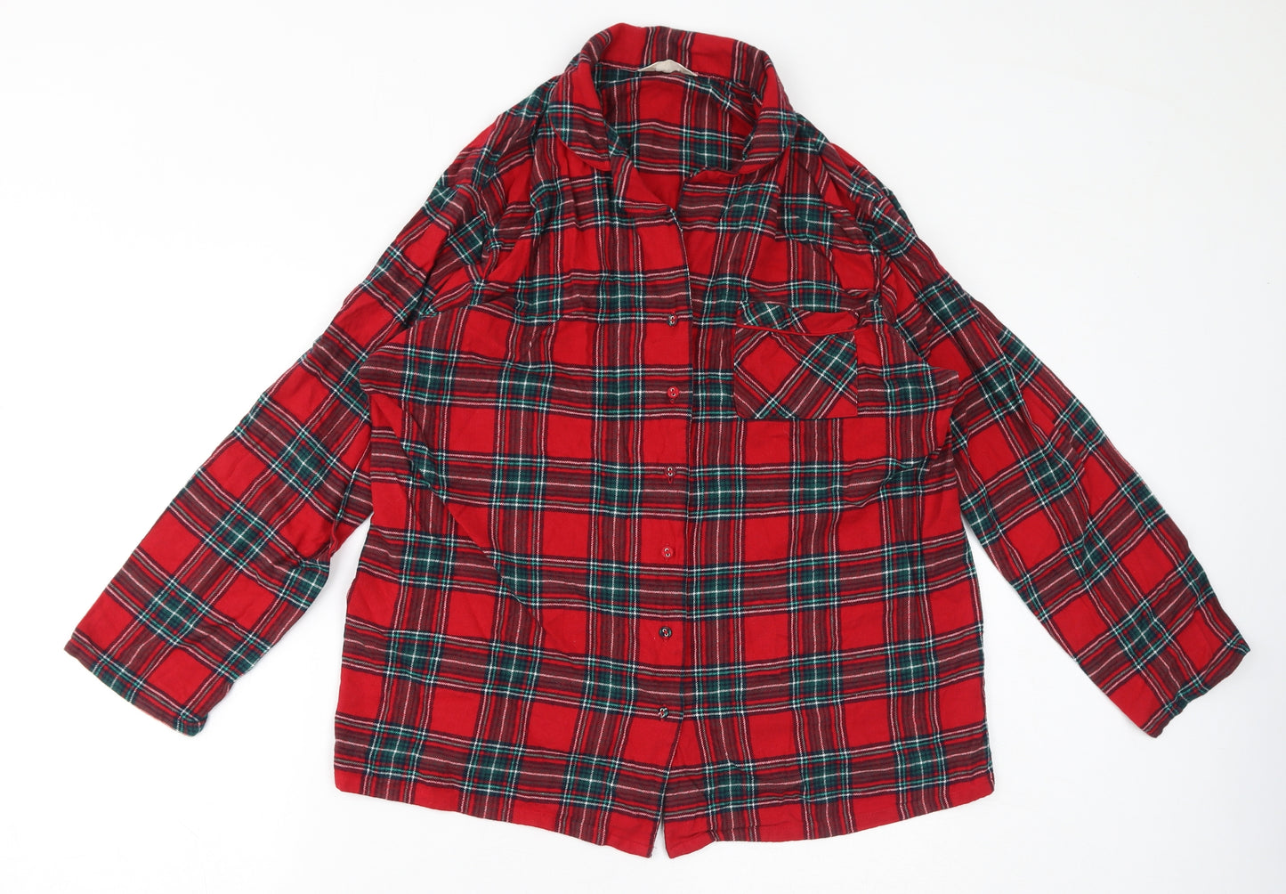 Marks and Spencer Womens Red Plaid Cotton Top Pyjama Top Size 16 Button