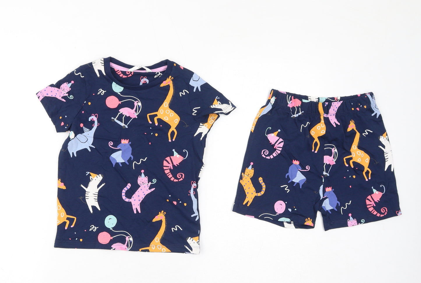 Marks and Spencer Boys Blue Geometric Cotton Pyjama Set Size 6-7 Years Pullover - Party Animals, Waist 22in, Inside Leg 6in