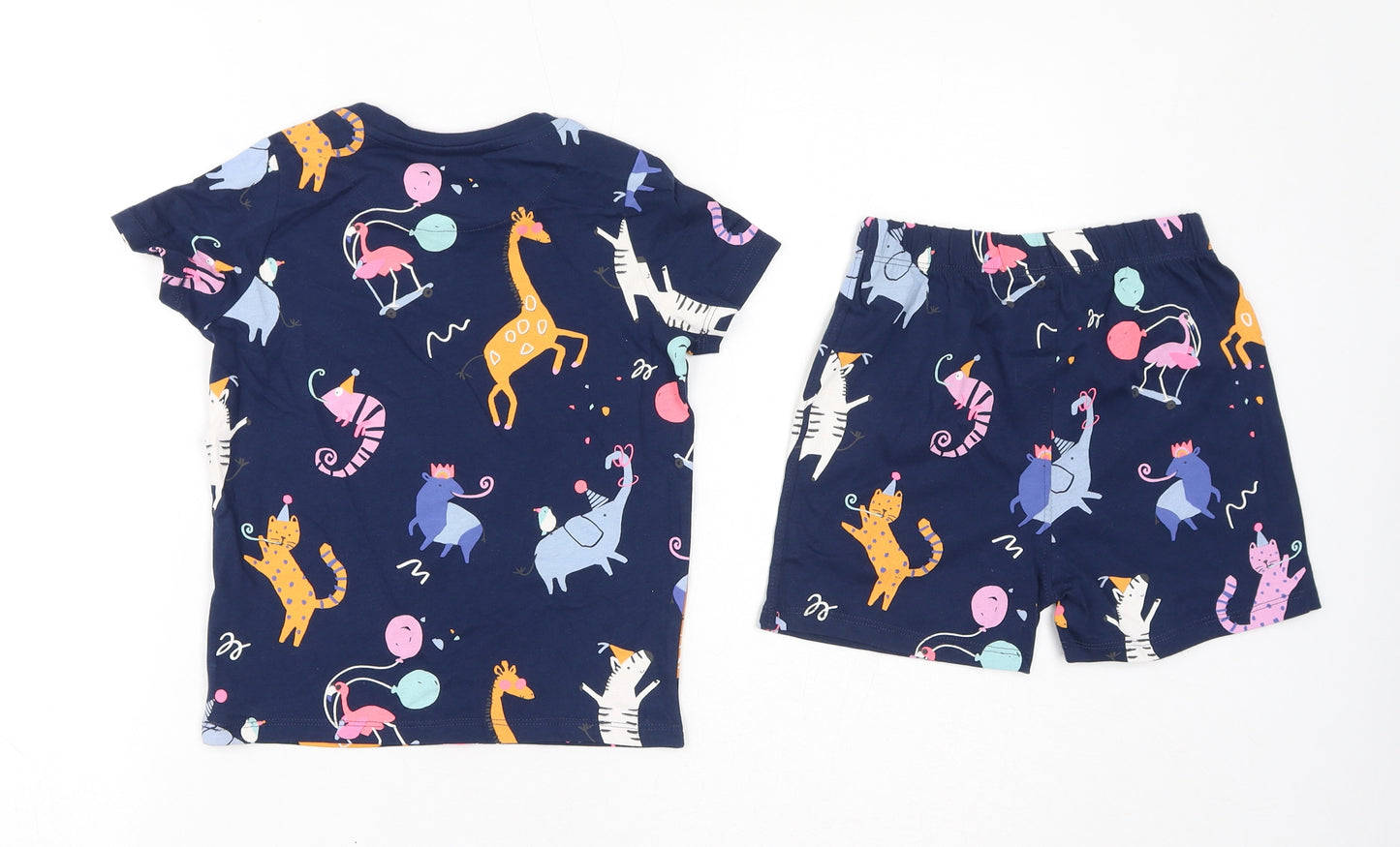 Marks and Spencer Boys Blue Geometric Cotton Pyjama Set Size 6-7 Years Pullover - Party Animals, Waist 22in, Inside Leg 6in
