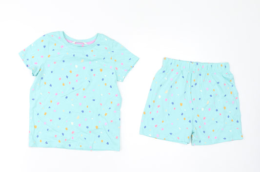 Marks and Spencer Girls Blue Geometric Cotton Top Pyjama Set Size 2-3 Years Pullover - Waist 19in, Inside Leg 3in
