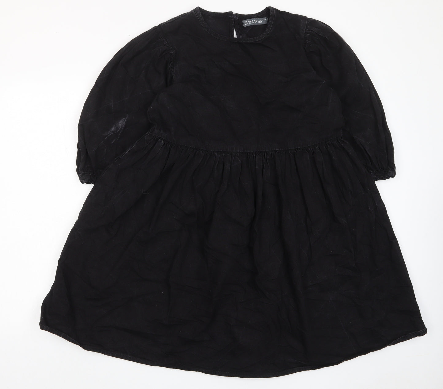 Denim & Co. Womens Black Cotton A-Line Size 12 Crew Neck Button - Pleated