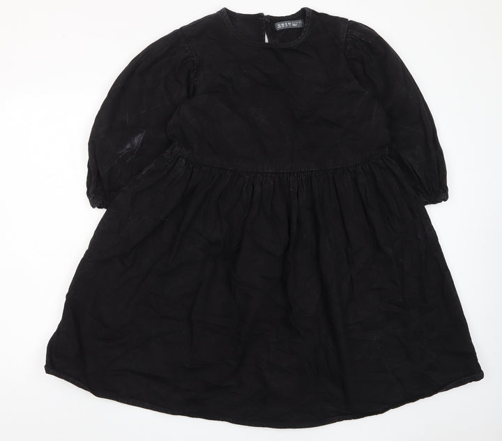Denim & Co. Womens Black Cotton A-Line Size 12 Crew Neck Button - Pleated