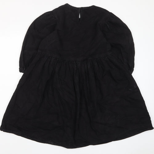 Denim & Co. Womens Black Cotton A-Line Size 12 Crew Neck Button - Pleated