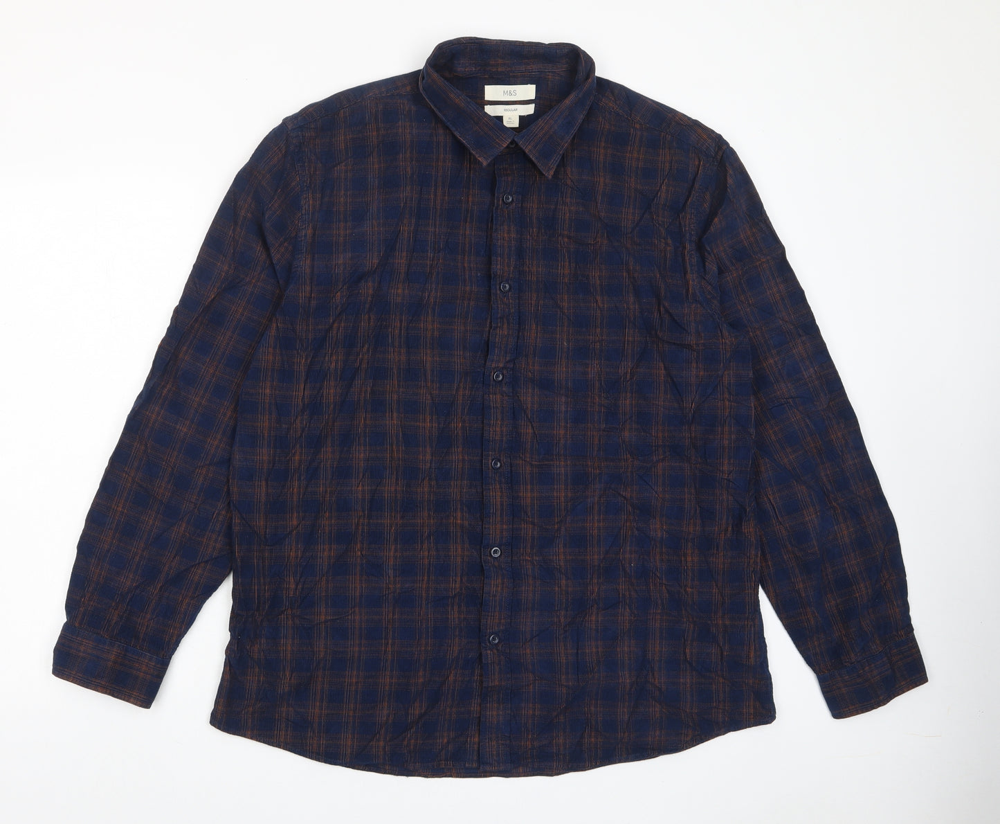 Marks and Spencer Mens Blue Plaid Cotton Button-Up Size XL Collared Button
