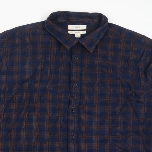 Marks and Spencer Mens Blue Plaid Cotton Button-Up Size XL Collared Button