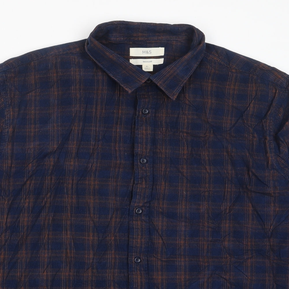 Marks and Spencer Mens Blue Plaid Cotton Button-Up Size XL Collared Button