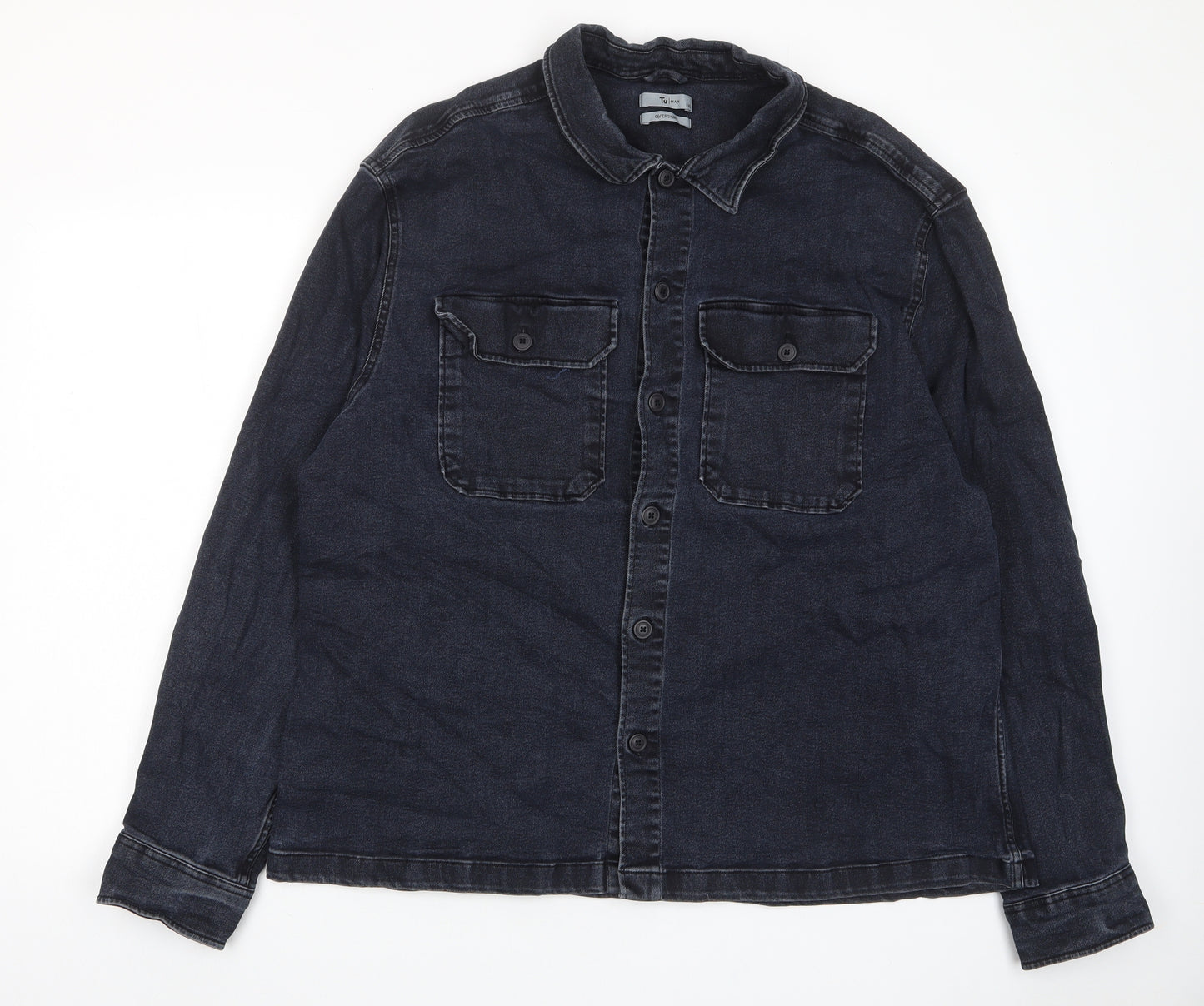 TU Mens Blue Cotton Button-Up Size 2XL Collared Button - Pockets
