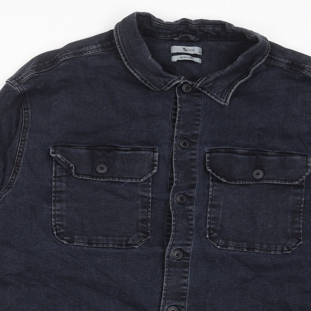 TU Mens Blue Cotton Button-Up Size 2XL Collared Button - Pockets