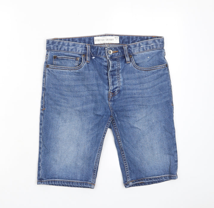 Topshop Mens Blue Cotton Bermuda Shorts Size 30 in L11 in Slim Button - Stretch, Pockets