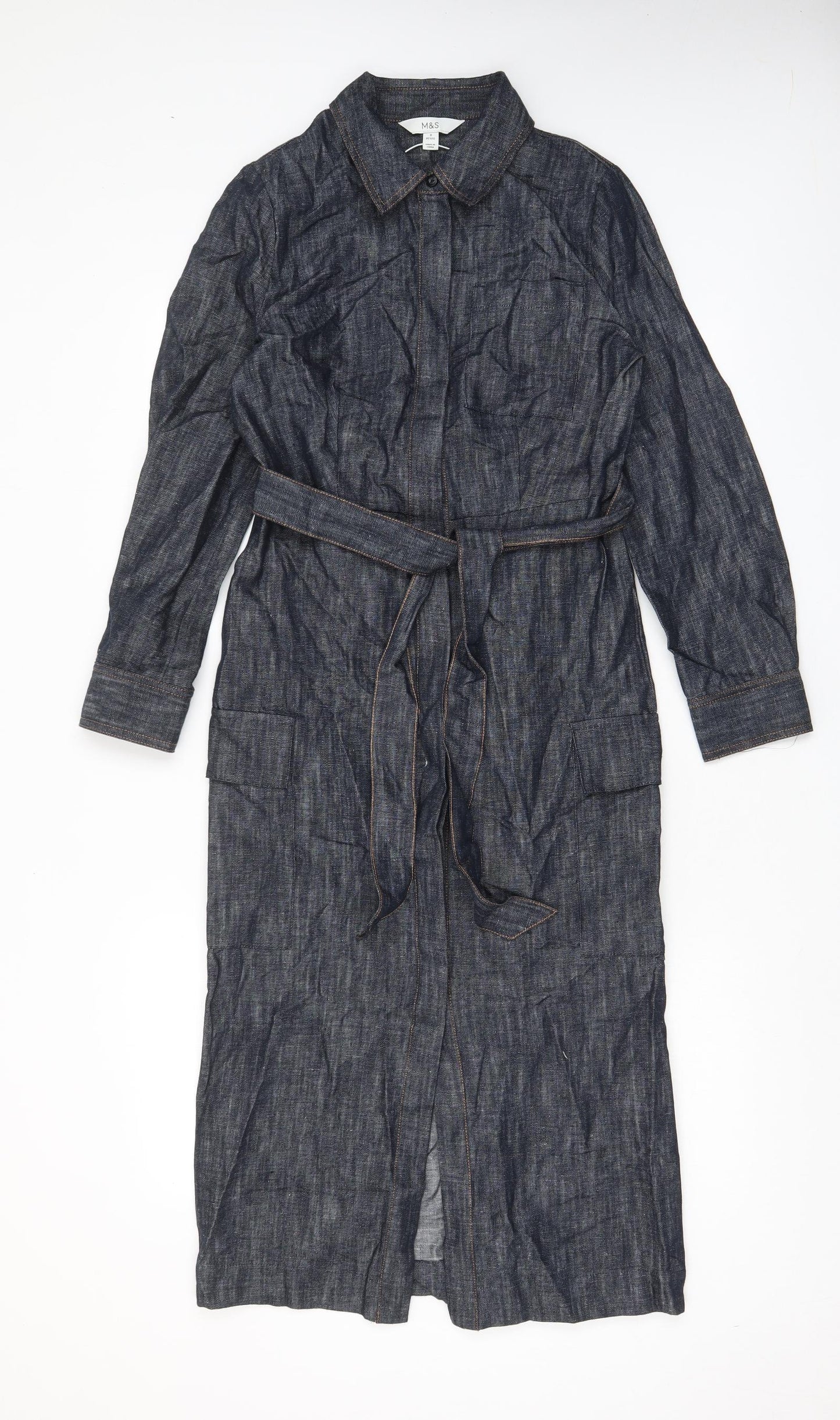 Marks and Spencer Womens Blue Cotton A-Line Size 8 Collared Button - Belted