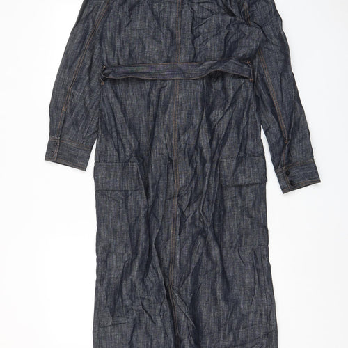 Marks and Spencer Womens Blue Cotton A-Line Size 8 Collared Button - Belted