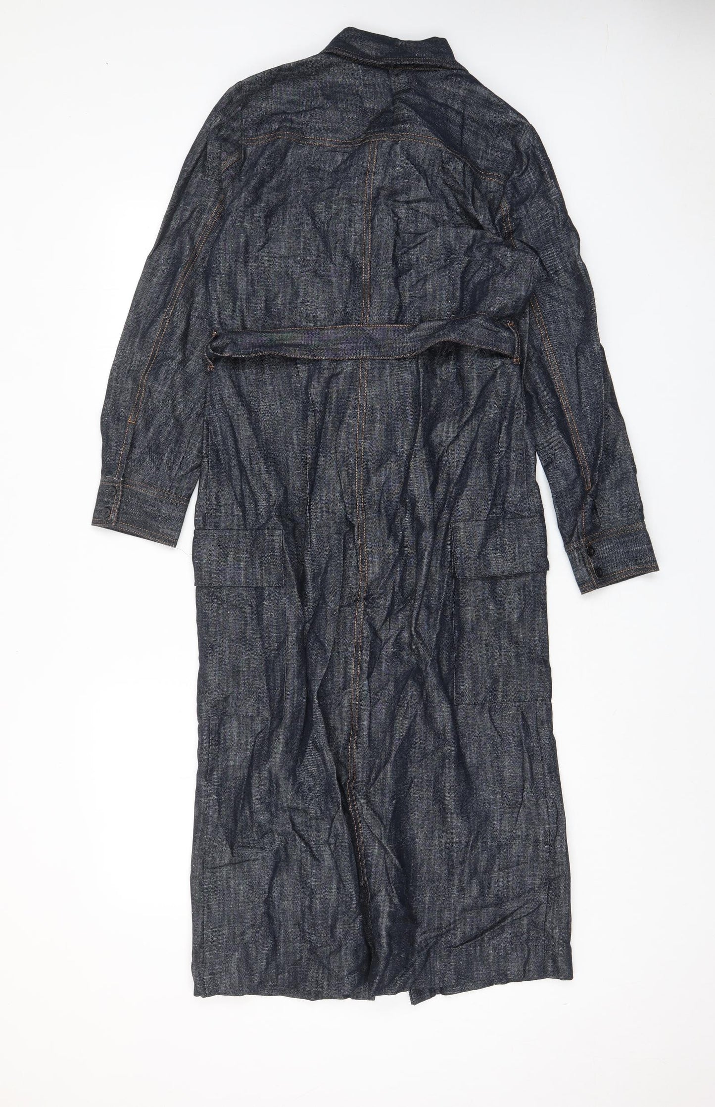 Marks and Spencer Womens Blue Cotton A-Line Size 8 Collared Button - Belted