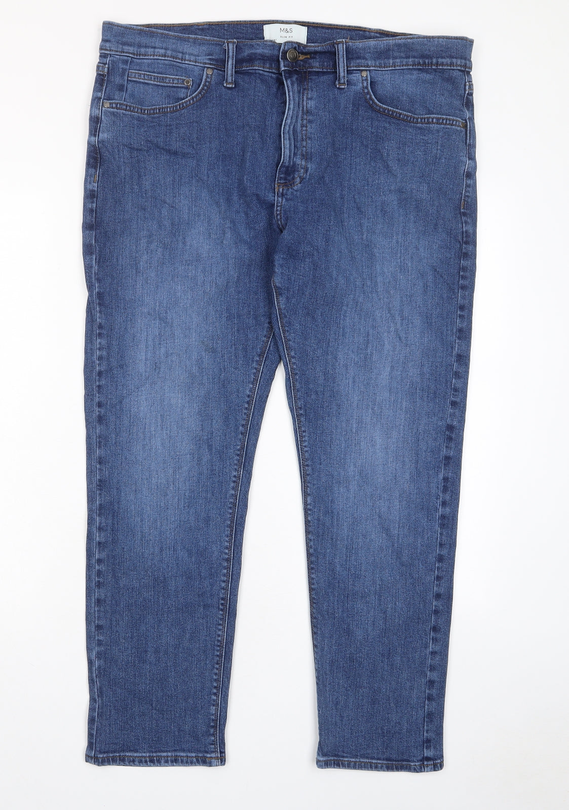 Marks and Spencer Mens Blue Cotton Straight Jeans Size 38 in L29 in Slim Zip - Short leg, Pockets