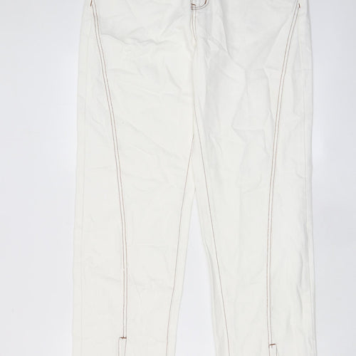 PRETTYLITTLETHING Womens White Cotton Straight Jeans Size 12 L32 in Regular Zip - Pockets, Split hems