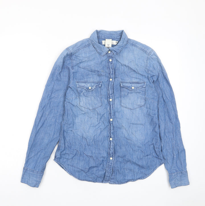 H&M Womens Blue Cotton Basic Button-Up Size 8 Collared - Pockets