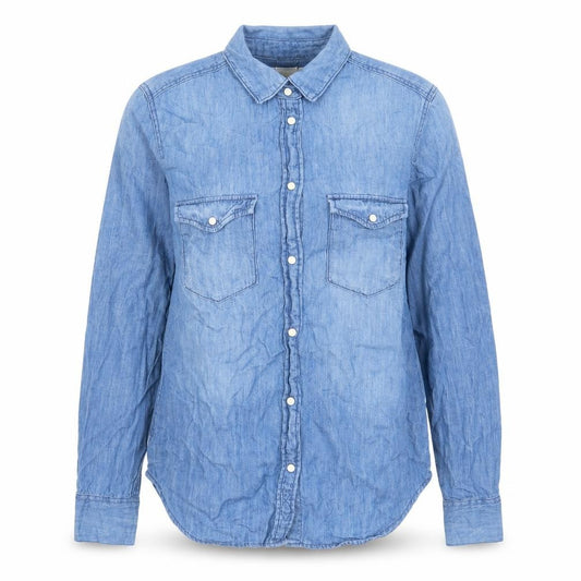 Front view of H&M women’s blue cotton basic button-up, size UK 8, collared - pockets