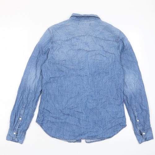 H&M Womens Blue Cotton Basic Button-Up Size 8 Collared - Pockets