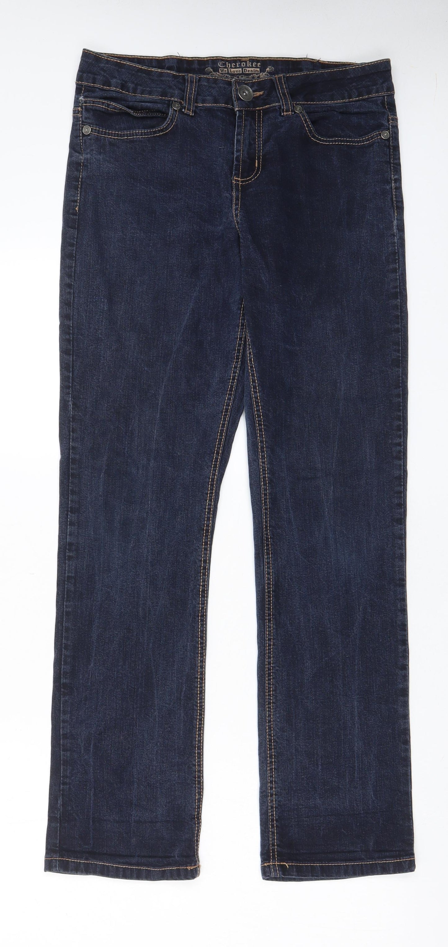 Cherokee Womens Blue Cotton Straight Jeans Size 10 L30 in Regular Zip - Pockets