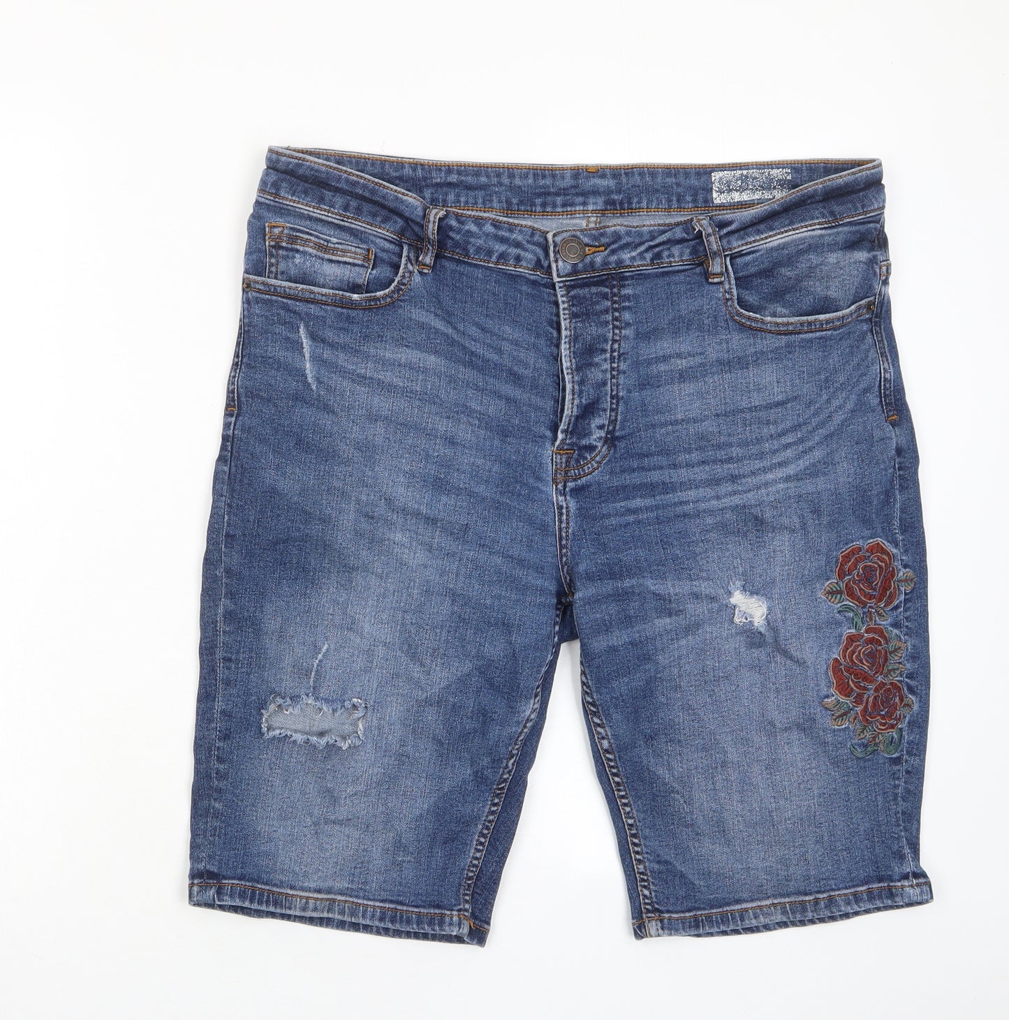 Denim & Co. Mens Blue Floral Cotton Bermuda Shorts Size 36 in L11 in Regular Button - Pockets, Embroided