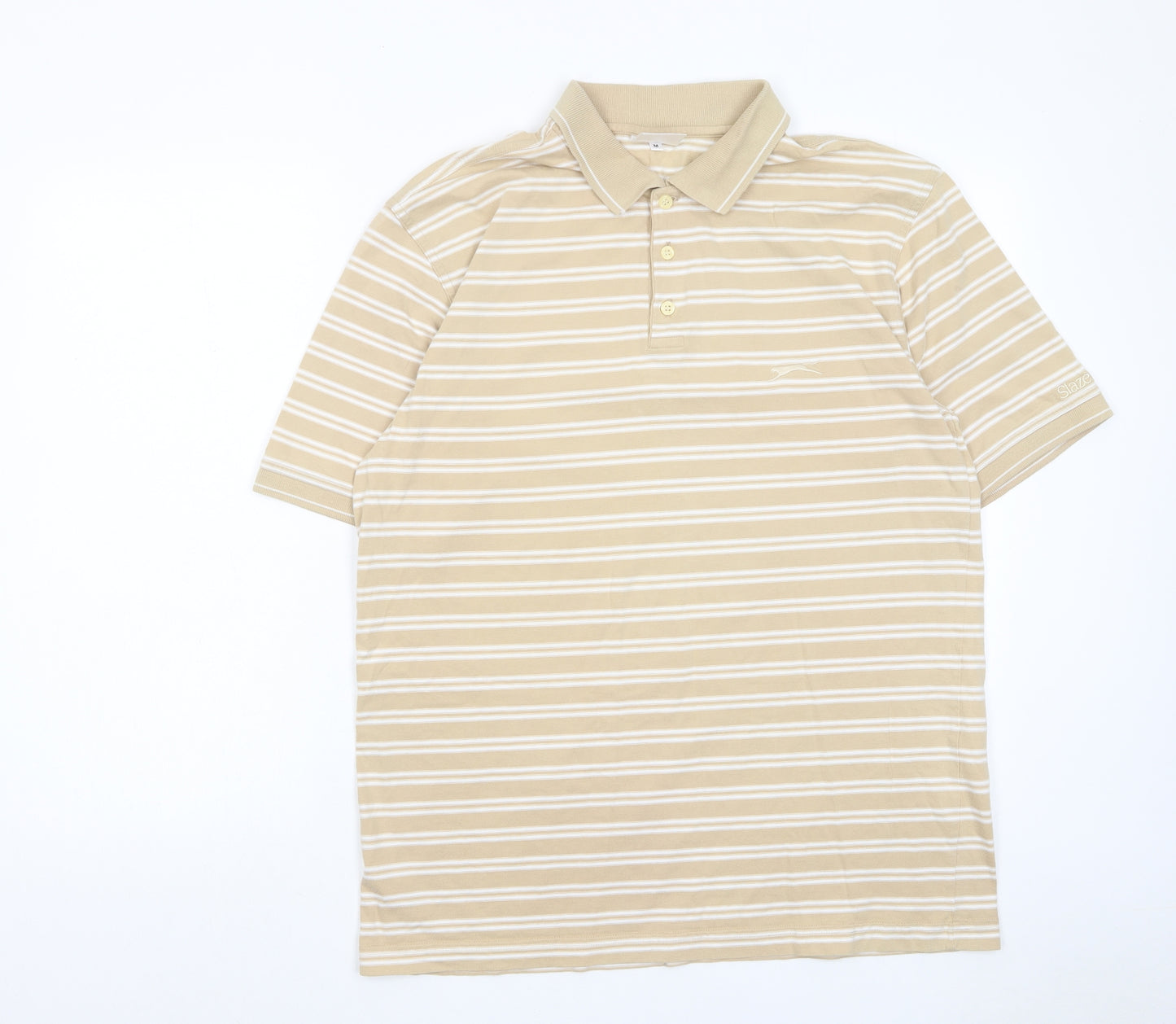 Slazenger Mens Beige Striped Cotton Polo Size M Collared Button - Logo, Embroided