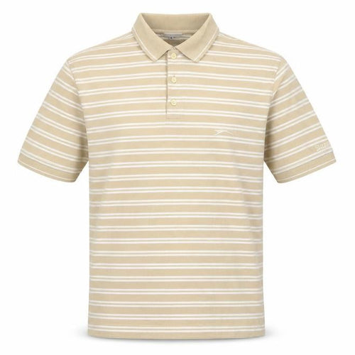 Slazenger Mens Beige Striped Cotton Polo Size M Collared Button - Logo, Embroided