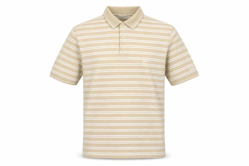 Slazenger Mens Beige Striped Cotton Polo Size M Collared Button - Logo, Embroided