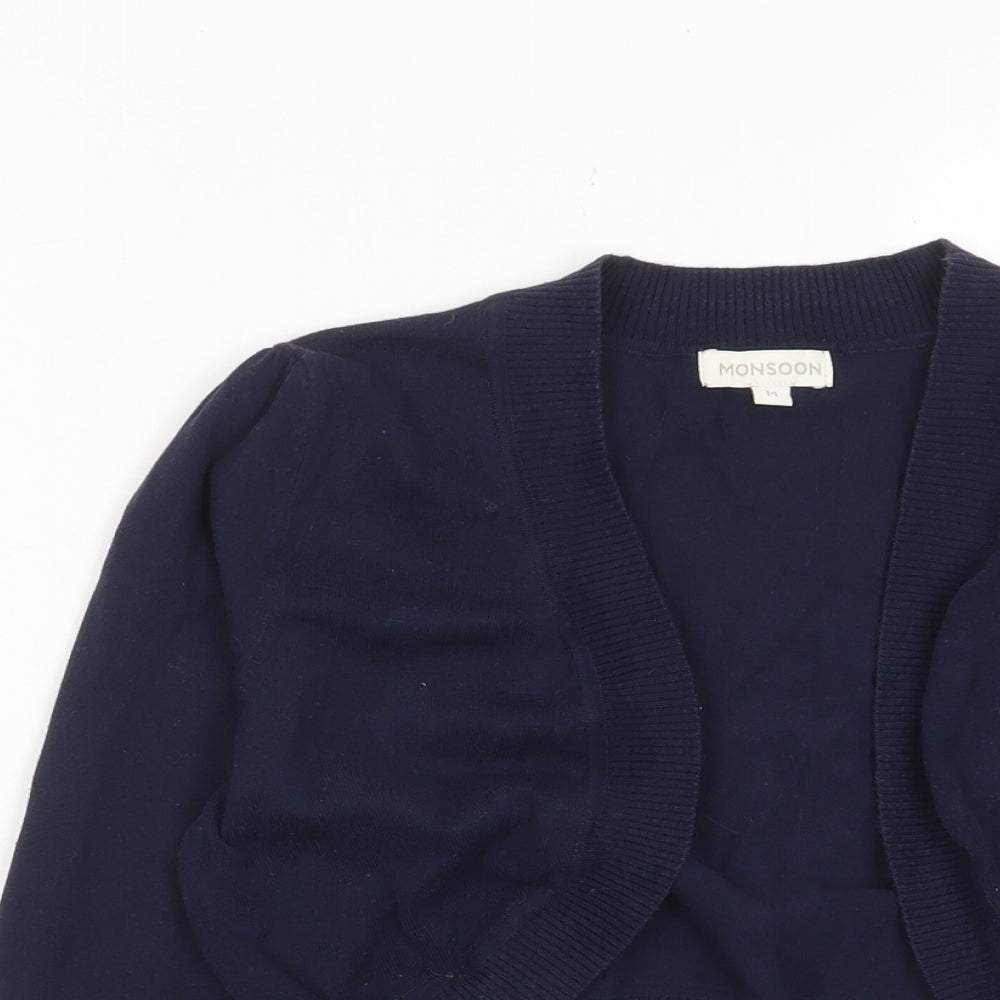 Monsoon Womens Blue V-Neck Cotton Cardigan Jumper Size M - Cropped, Open
