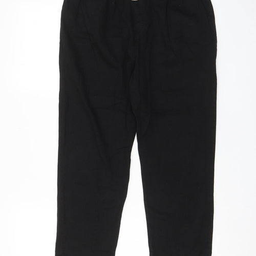 Zara Womens Black Cotton Trousers Size S L24 in Regular Drawstring - Pockets, Pleated Front