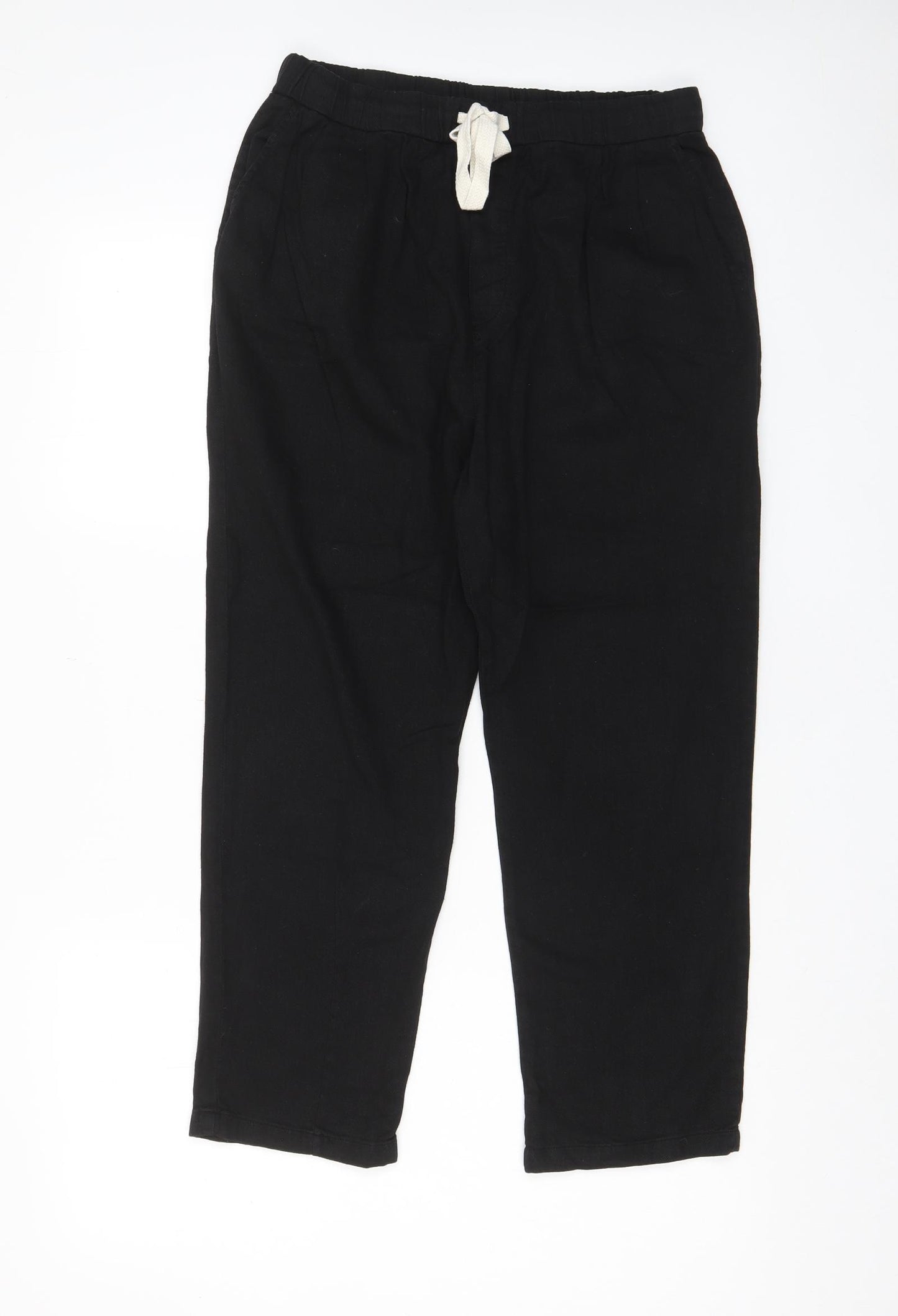 Zara Womens Black Cotton Trousers Size S L24 in Regular Drawstring - Pockets, Pleated Front