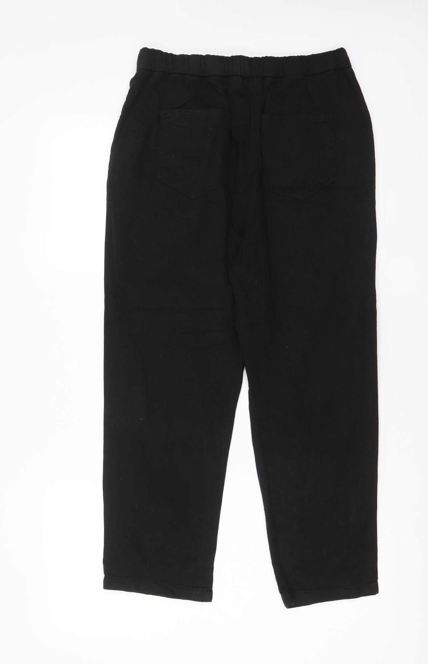 Zara Womens Black Cotton Trousers Size S L24 in Regular Drawstring - Pockets, Pleated Front